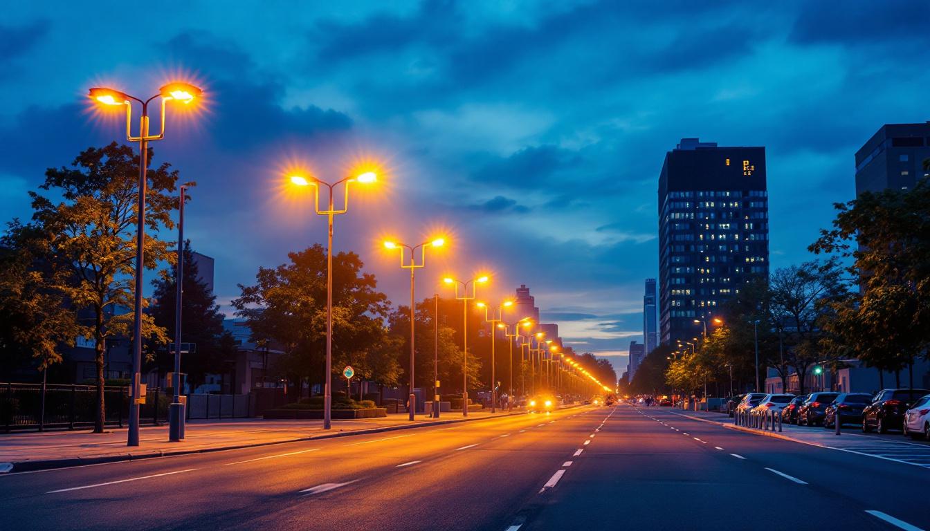 A photograph of a well-lit urban street scene at dusk