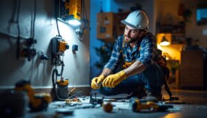 A photograph of a lighting contractor in action