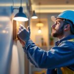 A photograph of a skilled lighting contractor meticulously inspecting a beautifully lit residential or commercial space
