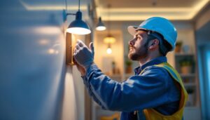 A photograph of a skilled lighting contractor meticulously inspecting a beautifully lit residential or commercial space