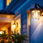 A photograph of a beautifully illuminated outdoor over door light fixture installed on a stylish front entrance
