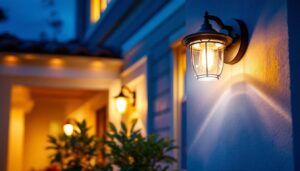 A photograph of a beautifully illuminated outdoor over door light fixture installed on a stylish front entrance