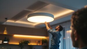 A photograph of a modern led flush light installation in a stylish interior setting