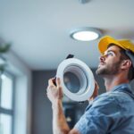 A photograph of a lighting contractor installing recessed can light housing in a modern residential space