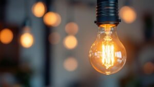 A photograph of a close-up of a glowing 120v 60w light bulb in a stylish fixture
