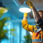 A photograph of a lighting contractor expertly installing or adjusting a modern lighting fixture in a well-lit space