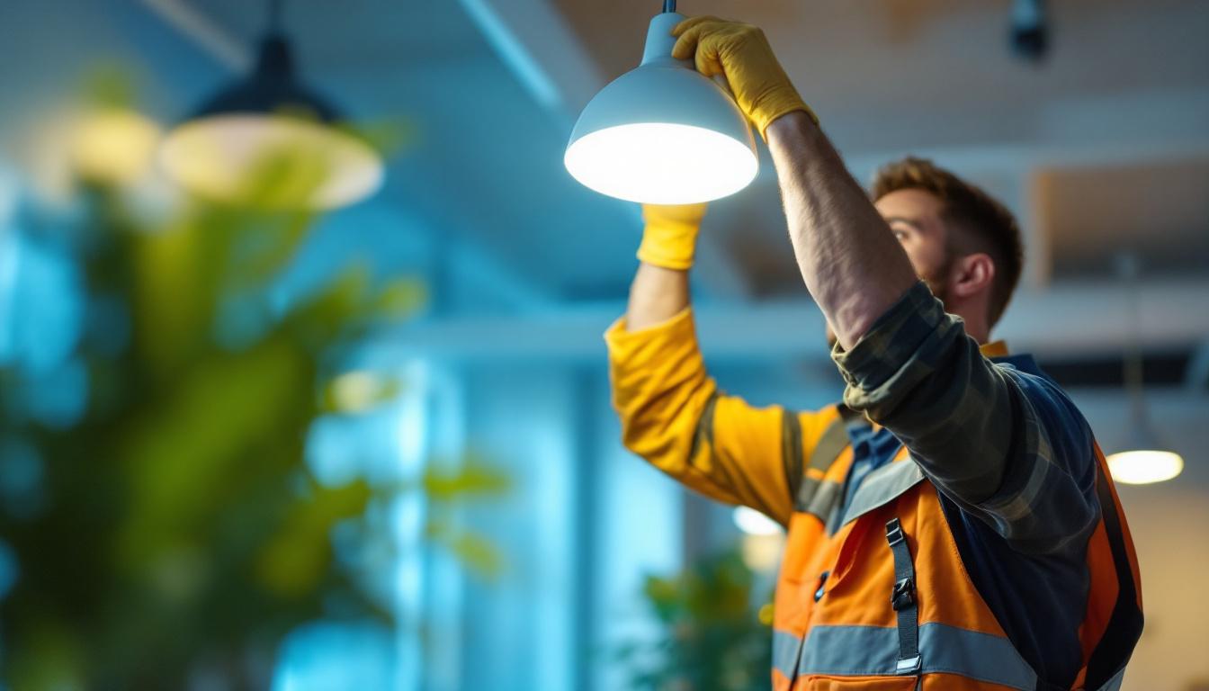 A photograph of a lighting contractor expertly installing or adjusting a modern lighting fixture in a well-lit space