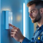 A photograph of a lighting contractor demonstrating the installation or operation of a modern light switch