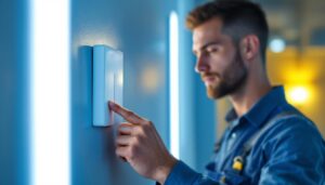 A photograph of a lighting contractor demonstrating the installation or operation of a modern light switch