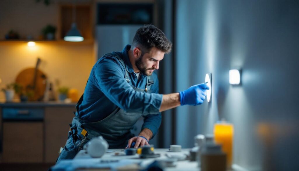 A photograph of a skilled lighting contractor installing recessed light housings in a modern home setting