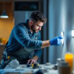 A photograph of a skilled lighting contractor installing recessed light housings in a modern home setting
