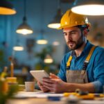 A photograph of a lighting contractor examining various light fixtures in a well-lit workspace