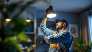 A photograph of a skilled lighting contractor expertly installing or adjusting a modern lighting fixture in a stylish residential or commercial space