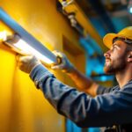 A photograph of a lighting contractor installing t8 led lights in a commercial space