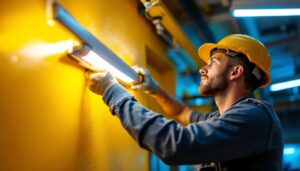 A photograph of a lighting contractor installing t8 led lights in a commercial space
