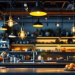 A photograph of a well-designed industrial kitchen illuminated by various types of pendant and overhead lamps
