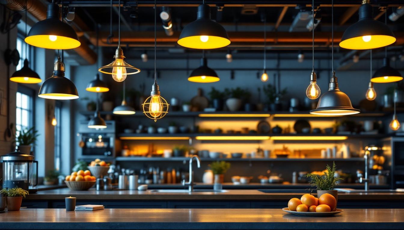 A photograph of a well-designed industrial kitchen illuminated by various types of pendant and overhead lamps