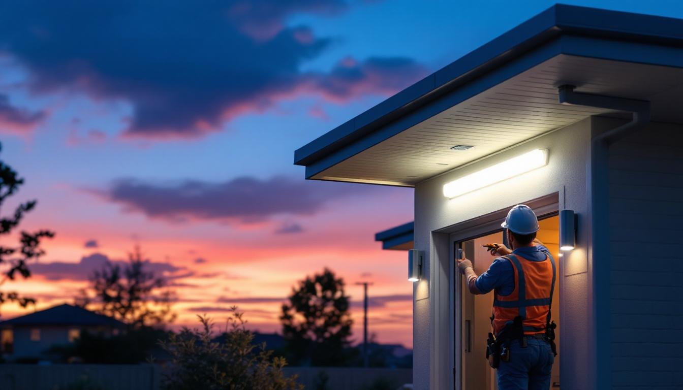 A photograph of a beautifully illuminated outdoor space featuring solar-powered soffit lights