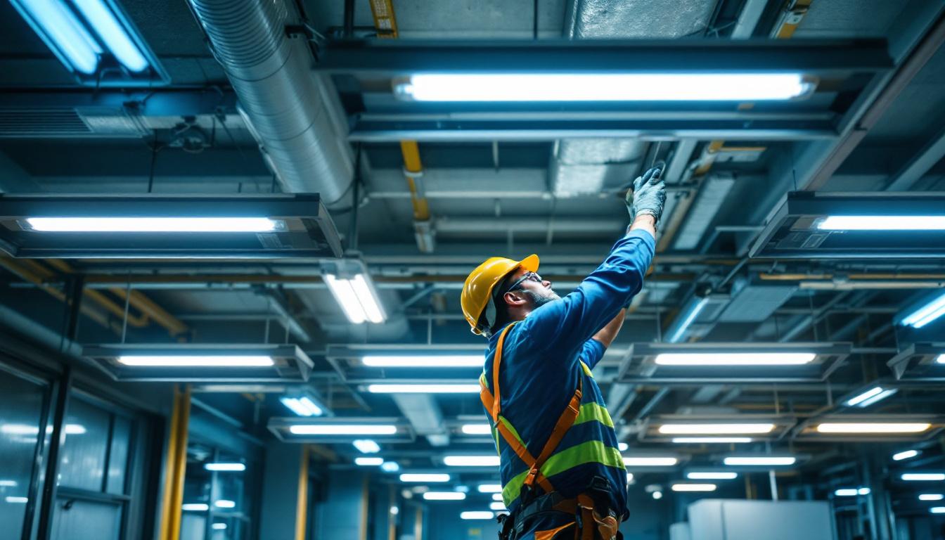 A photograph of a brightly lit commercial space featuring various fluorescent light fixtures in use