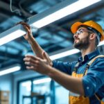 A photograph of a lighting contractor installing led t8 bulbs in a commercial space