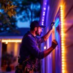 A photograph of a lighting contractor installing armacost led tape lighting in a residential setting
