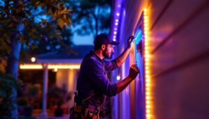 A photograph of a lighting contractor installing armacost led tape lighting in a residential setting