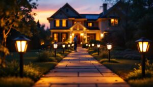 A photograph of a beautifully illuminated driveway at dusk