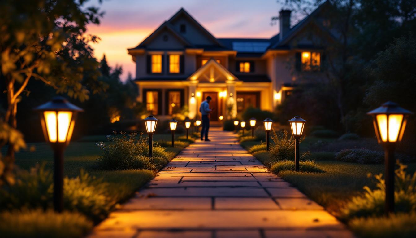 A photograph of a beautifully illuminated driveway at dusk
