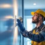 A photograph of a lighting contractor inspecting or installing leviton electrical products in a well-lit residential or commercial space