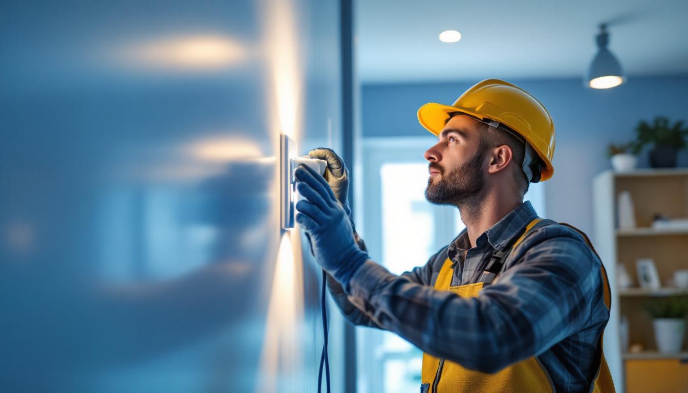 A photograph of a lighting contractor inspecting or installing leviton electrical products in a well-lit residential or commercial space