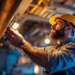 A photograph of a lighting contractor expertly installing or adjusting led lights in a commercial or residential setting