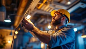 A photograph of a lighting contractor expertly installing or adjusting led lights in a commercial or residential setting