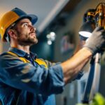 A photograph of a skilled lighting contractor at work