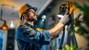 A photograph of a skilled lighting contractor at work