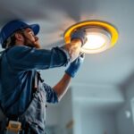 A photograph of capture a photograph of a lighting contractor installing a 4-inch recessed light housing in a modern ceiling