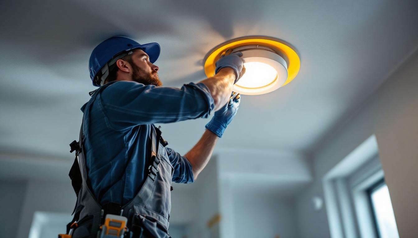 A photograph of capture a photograph of a lighting contractor installing a 4-inch recessed light housing in a modern ceiling
