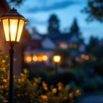 A photograph of a beautifully illuminated solar-powered carriage light installed in a charming outdoor setting
