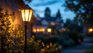 A photograph of a beautifully illuminated solar-powered carriage light installed in a charming outdoor setting