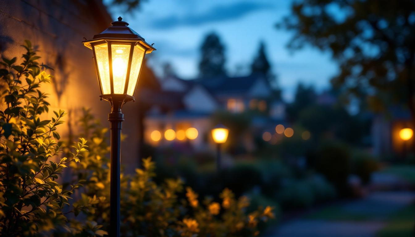 A photograph of a beautifully illuminated solar-powered carriage light installed in a charming outdoor setting