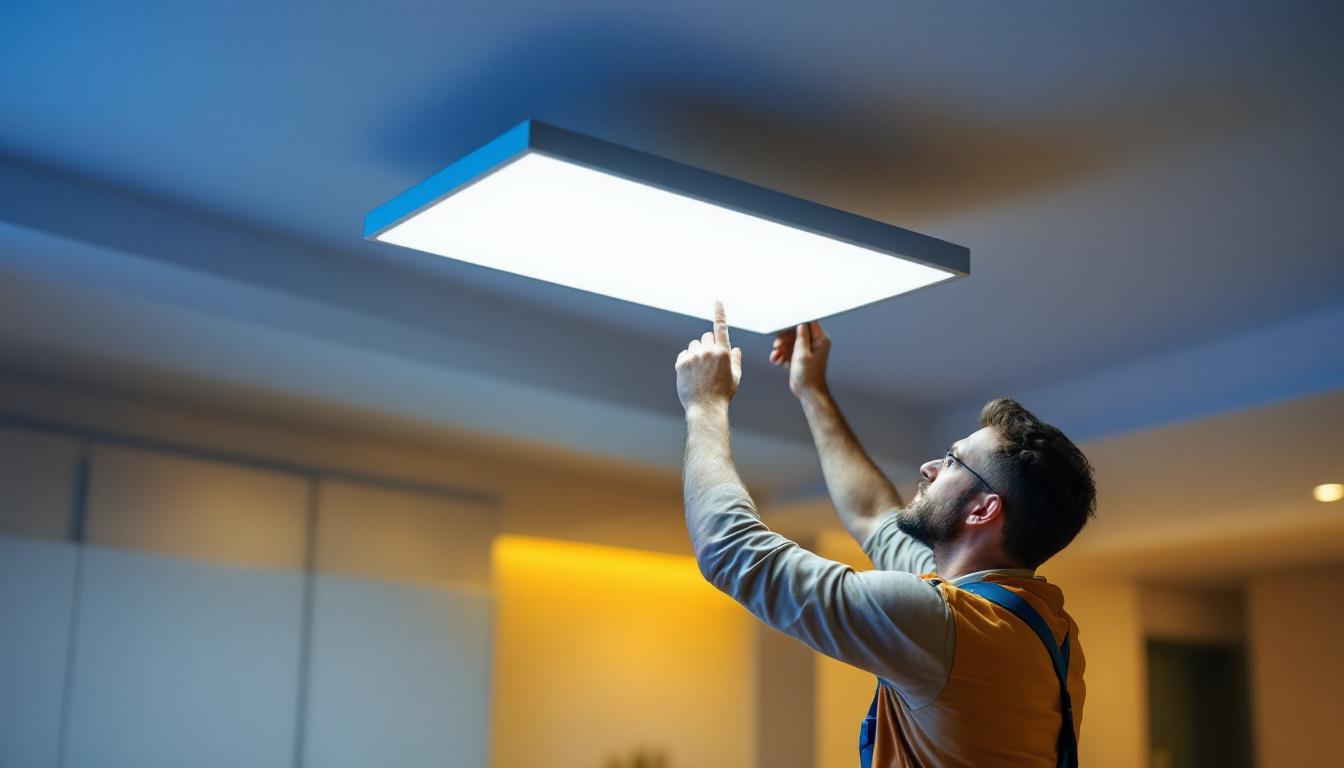 A photograph of a lighting contractor installing or adjusting a sleek ceiling lighting panel in a modern interior space