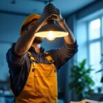 A photograph of a skilled lighting contractor installing a stylish pendant light fixture in a modern home setting