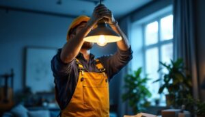 A photograph of a skilled lighting contractor installing a stylish pendant light fixture in a modern home setting