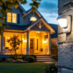 A photograph of a lighting contractor installing motion sensors on outdoor lights in a residential setting