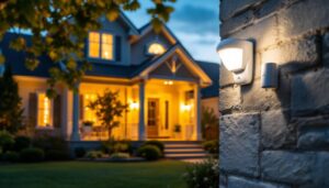 A photograph of a lighting contractor installing motion sensors on outdoor lights in a residential setting