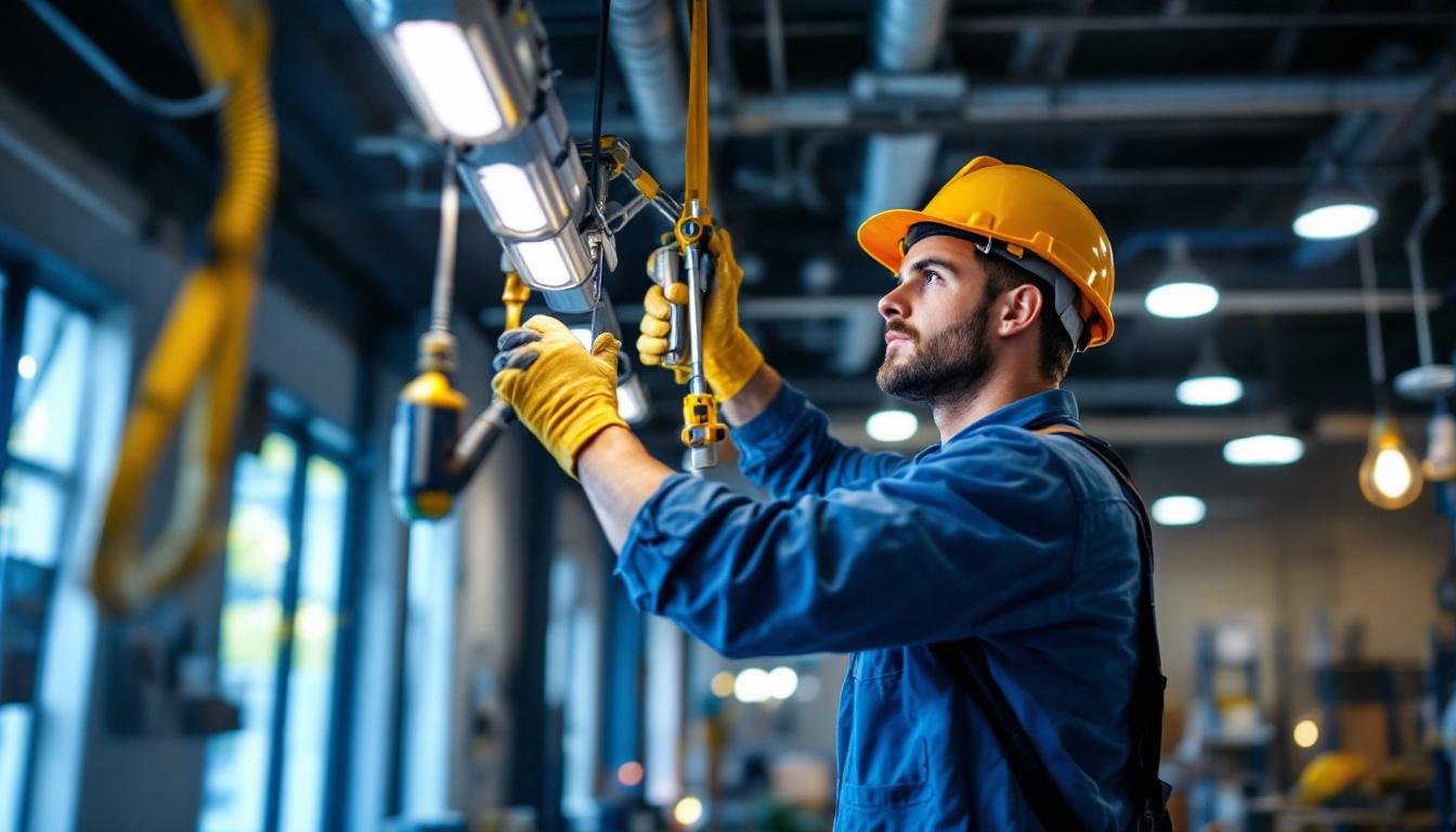 A photograph of a lighting contractor expertly installing standard ballasts in a well-lit commercial space