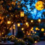 A photograph of a beautifully arranged outdoor setting featuring various styles of hanging lantern lights