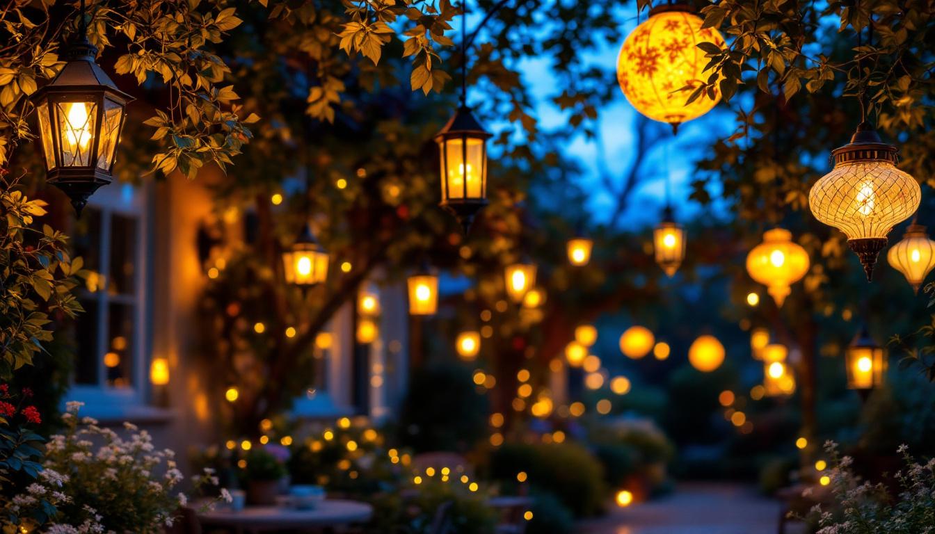 A photograph of a beautifully arranged outdoor setting featuring various styles of hanging lantern lights