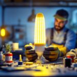 A photograph of a lighting contractor installing or showcasing a vibrant led corn cob light in a professional setting