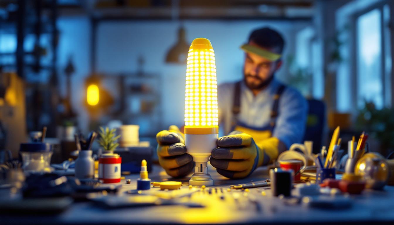 A photograph of a lighting contractor installing or showcasing a vibrant led corn cob light in a professional setting
