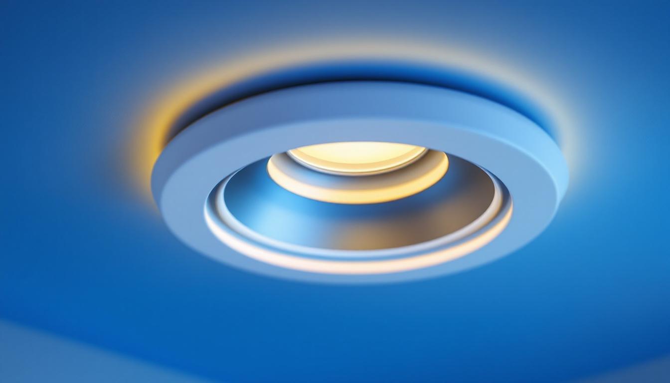A photograph of a close-up view of a stylish 6-inch recessed light trim installed in a modern ceiling